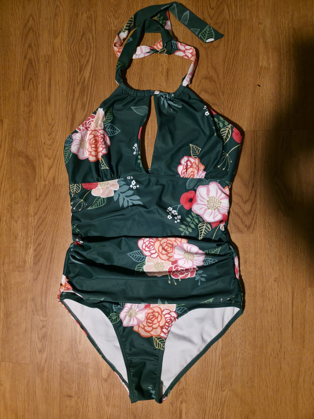 Dark Green Floral Halter One-Piece Swimsuit